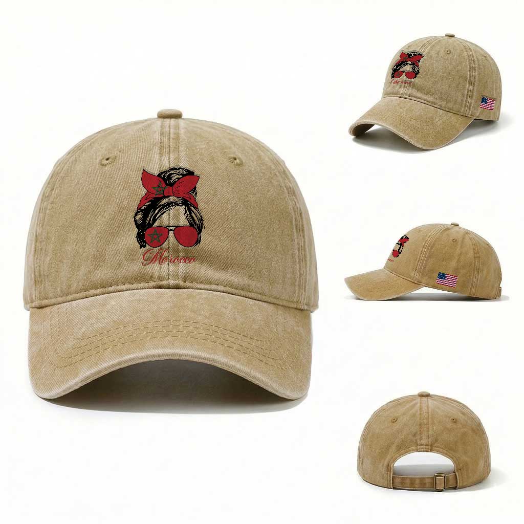 Morocco Girl Washed Cotton Baseball Cap Moroccan Princess Morocco Flag Messy Bun