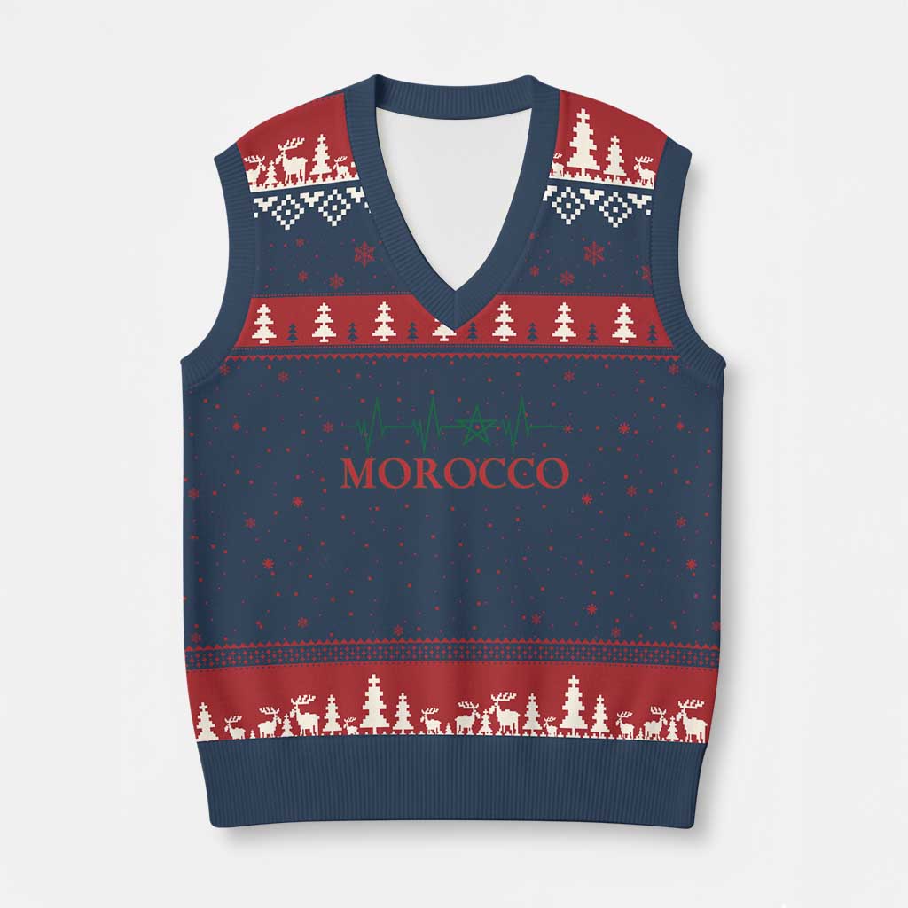 Morocco V-Neck Knit Sweater Vest Heartbeat Green Star Patriotic Pride Gift for Proud Moroccan
