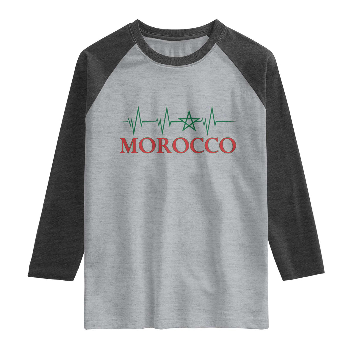 Morocco Raglan Shirt Heartbeat Green Star Patriotic Pride Gift for Proud Moroccan