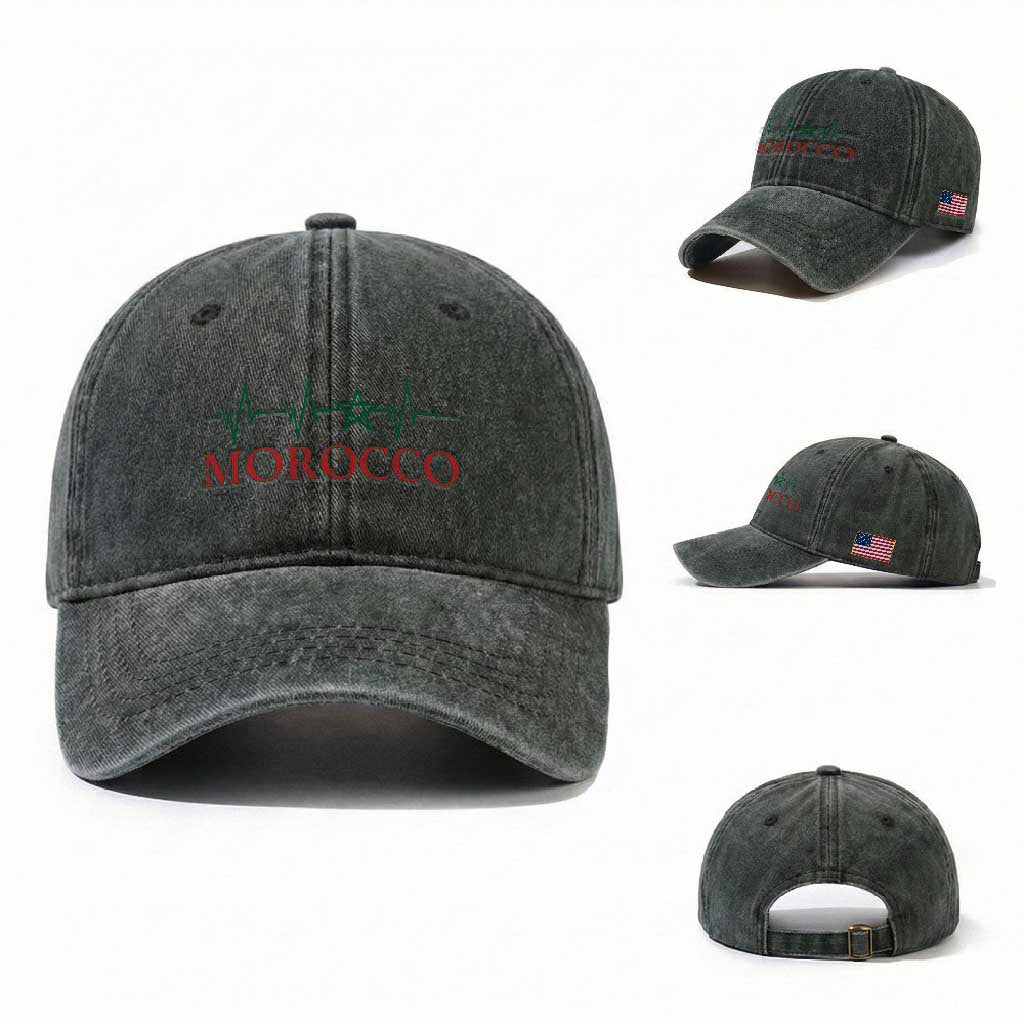Morocco Washed Cotton Baseball Cap Heartbeat Green Star Patriotic Pride Gift for Proud Moroccan