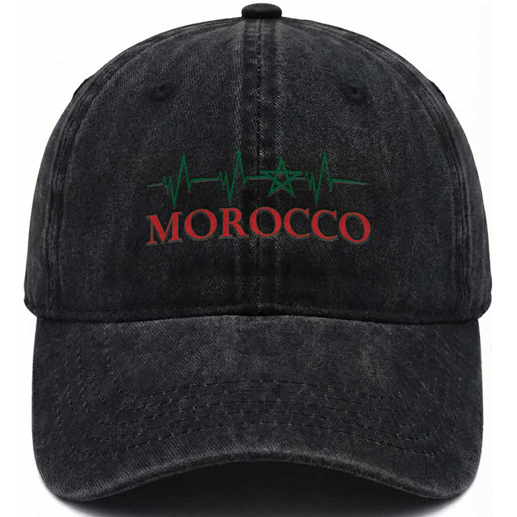Morocco Washed Cotton Baseball Cap Heartbeat Green Star Patriotic Pride Gift for Proud Moroccan