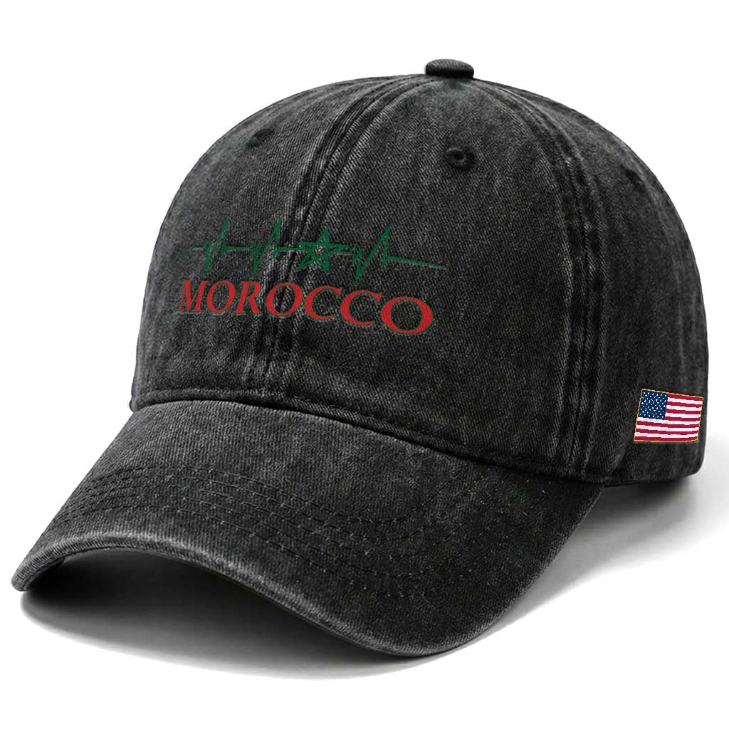 Morocco Washed Cotton Baseball Cap Heartbeat Green Star Patriotic Pride Gift for Proud Moroccan