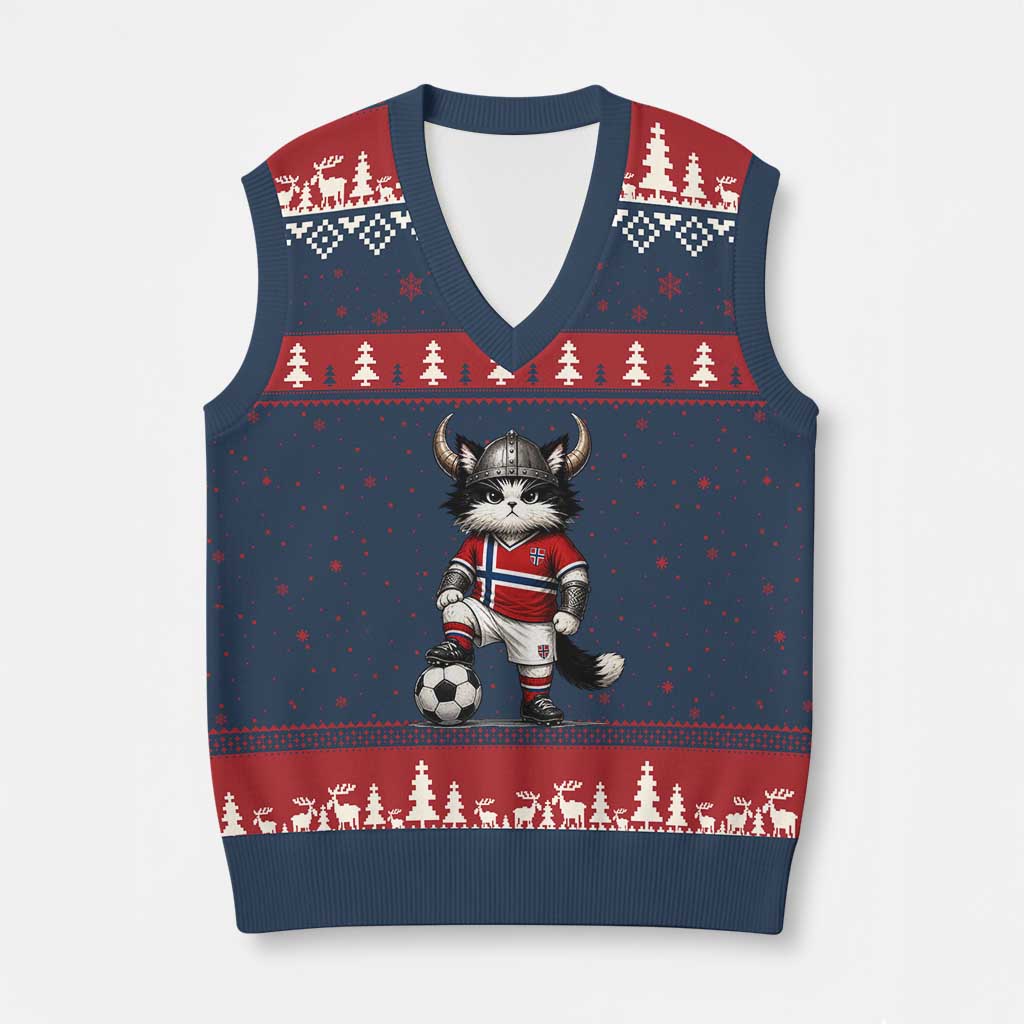 Norway Soccer Fan V-Neck Knit Sweater Vest Cute Viking Cat Norwegian Flag Nordic Football Lovers