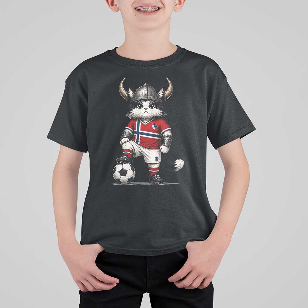 Norway Soccer Fan T Shirt For Kid Cute Viking Cat Norwegian Flag Nordic Football Lovers