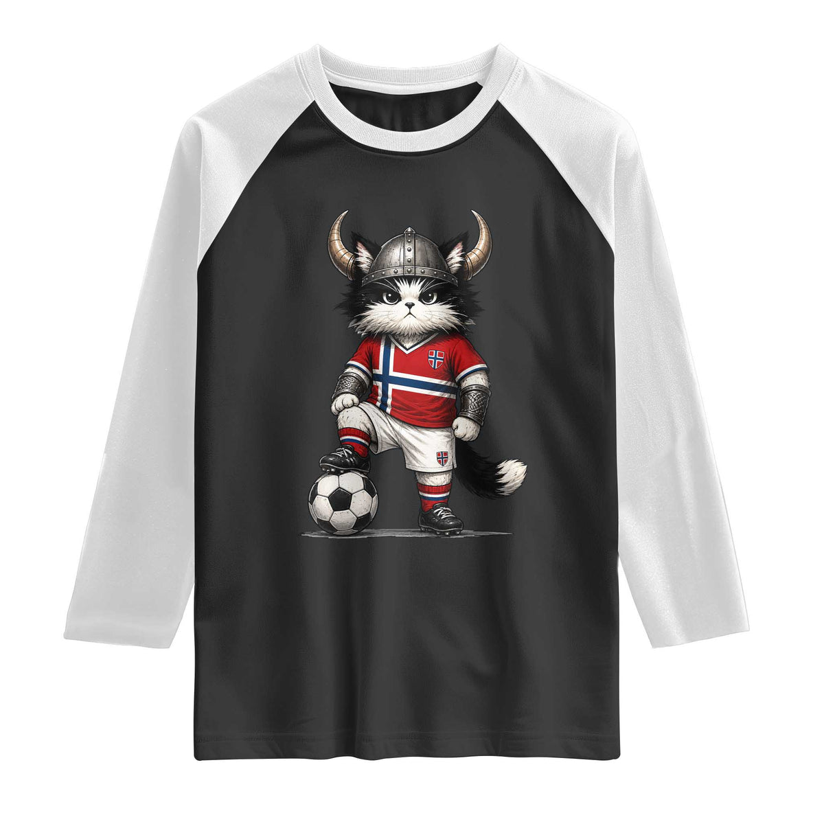 Norway Soccer Fan Raglan Shirt Cute Viking Cat Norwegian Flag Nordic Football Lovers