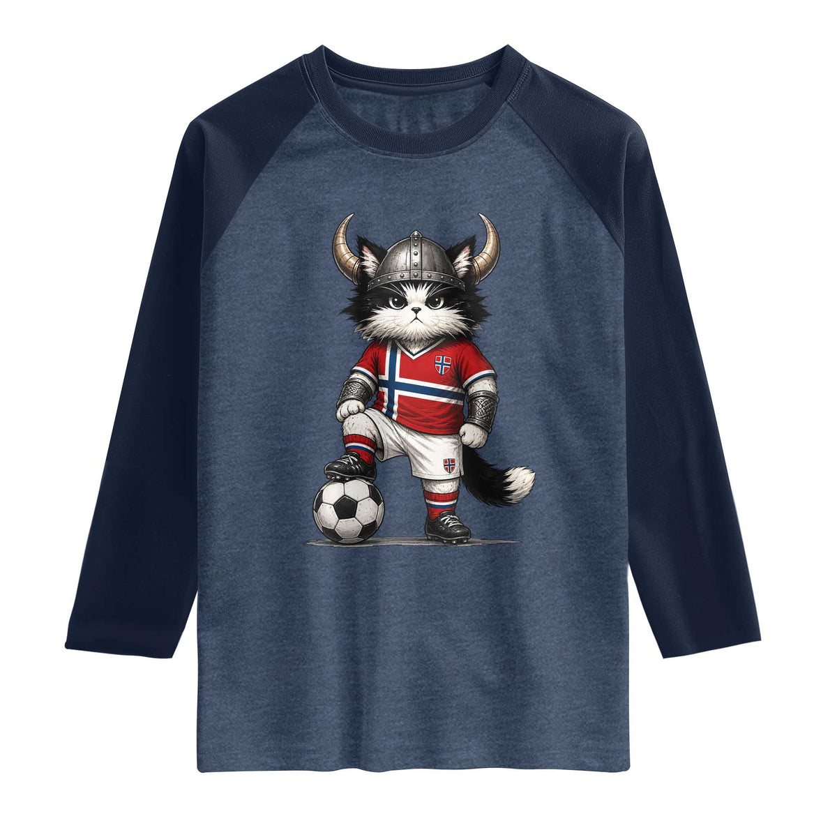 Norway Soccer Fan Raglan Shirt Cute Viking Cat Norwegian Flag Nordic Football Lovers