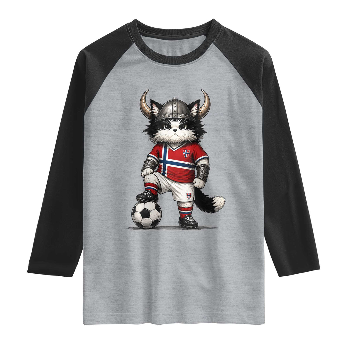 Norway Soccer Fan Raglan Shirt Cute Viking Cat Norwegian Flag Nordic Football Lovers