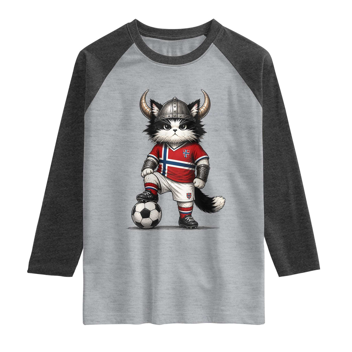 Norway Soccer Fan Raglan Shirt Cute Viking Cat Norwegian Flag Nordic Football Lovers