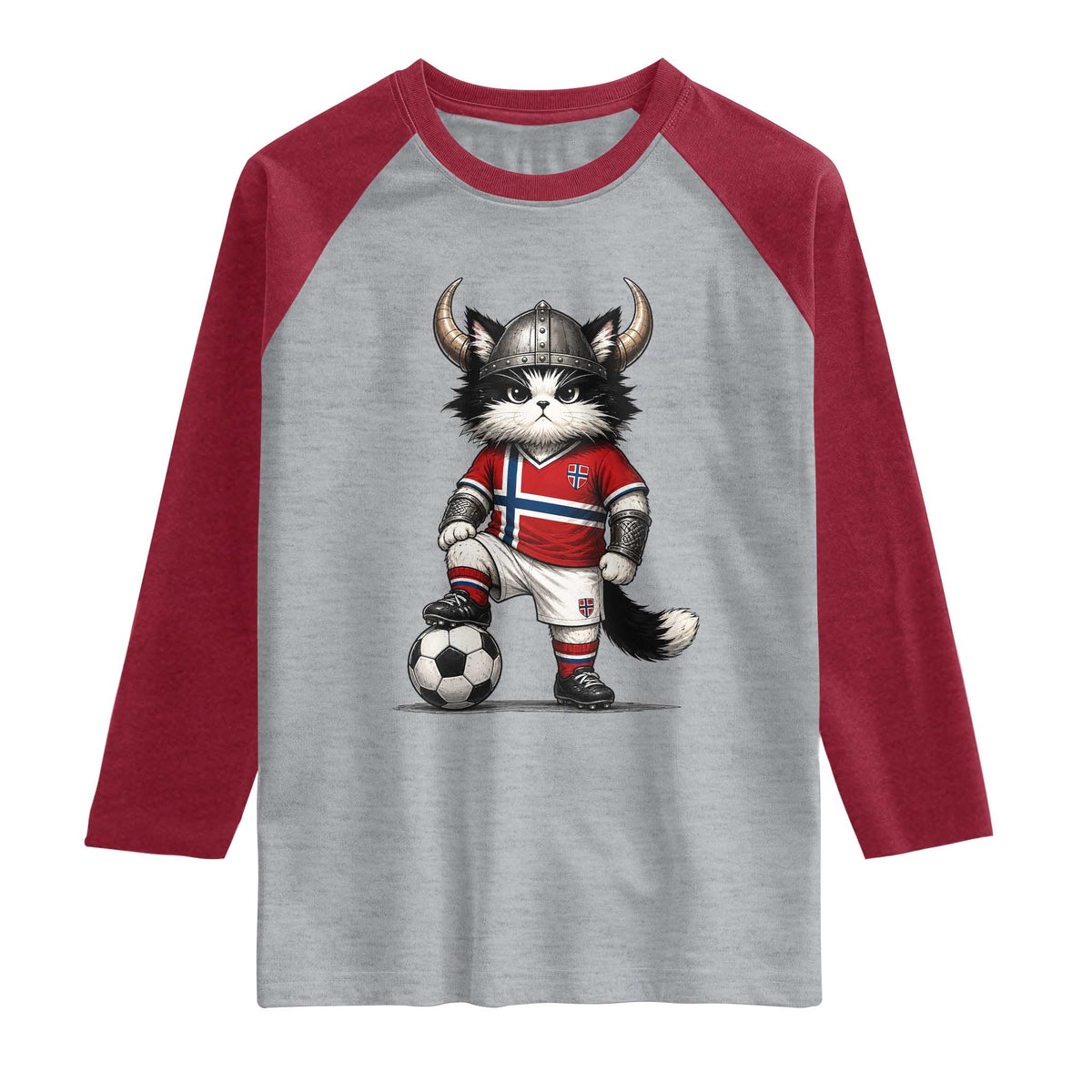 Norway Soccer Fan Raglan Shirt Cute Viking Cat Norwegian Flag Nordic Football Lovers