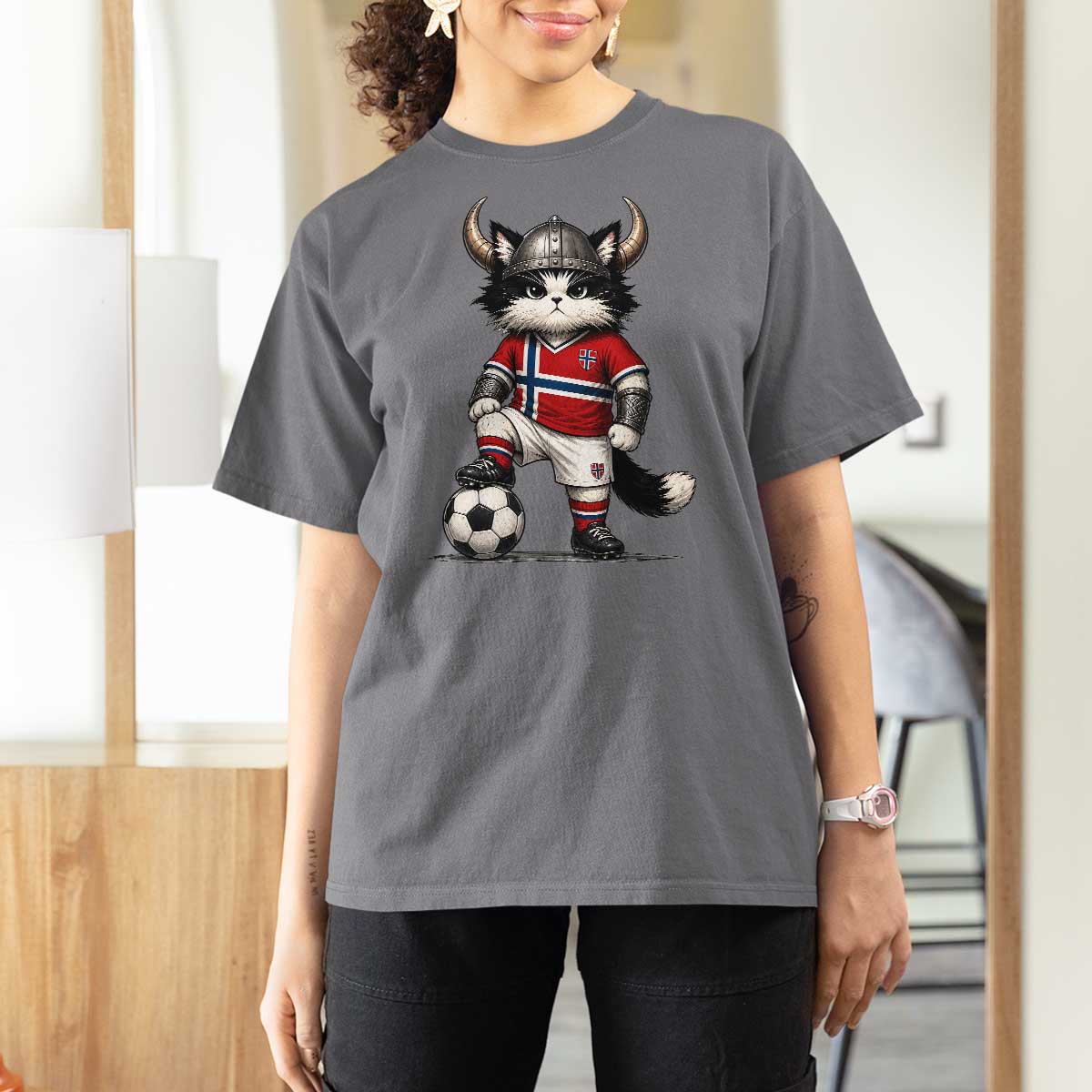 Norway Soccer Fan T Shirt For Women Cute Viking Cat Norwegian Flag Nordic Football Lovers