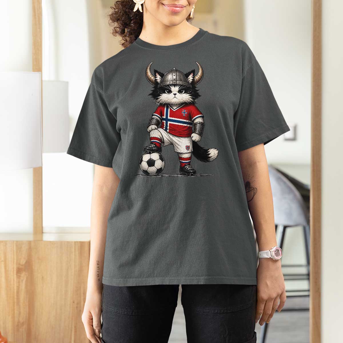 Norway Soccer Fan T Shirt For Women Cute Viking Cat Norwegian Flag Nordic Football Lovers