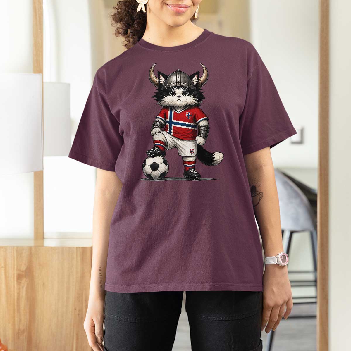 Norway Soccer Fan T Shirt For Women Cute Viking Cat Norwegian Flag Nordic Football Lovers