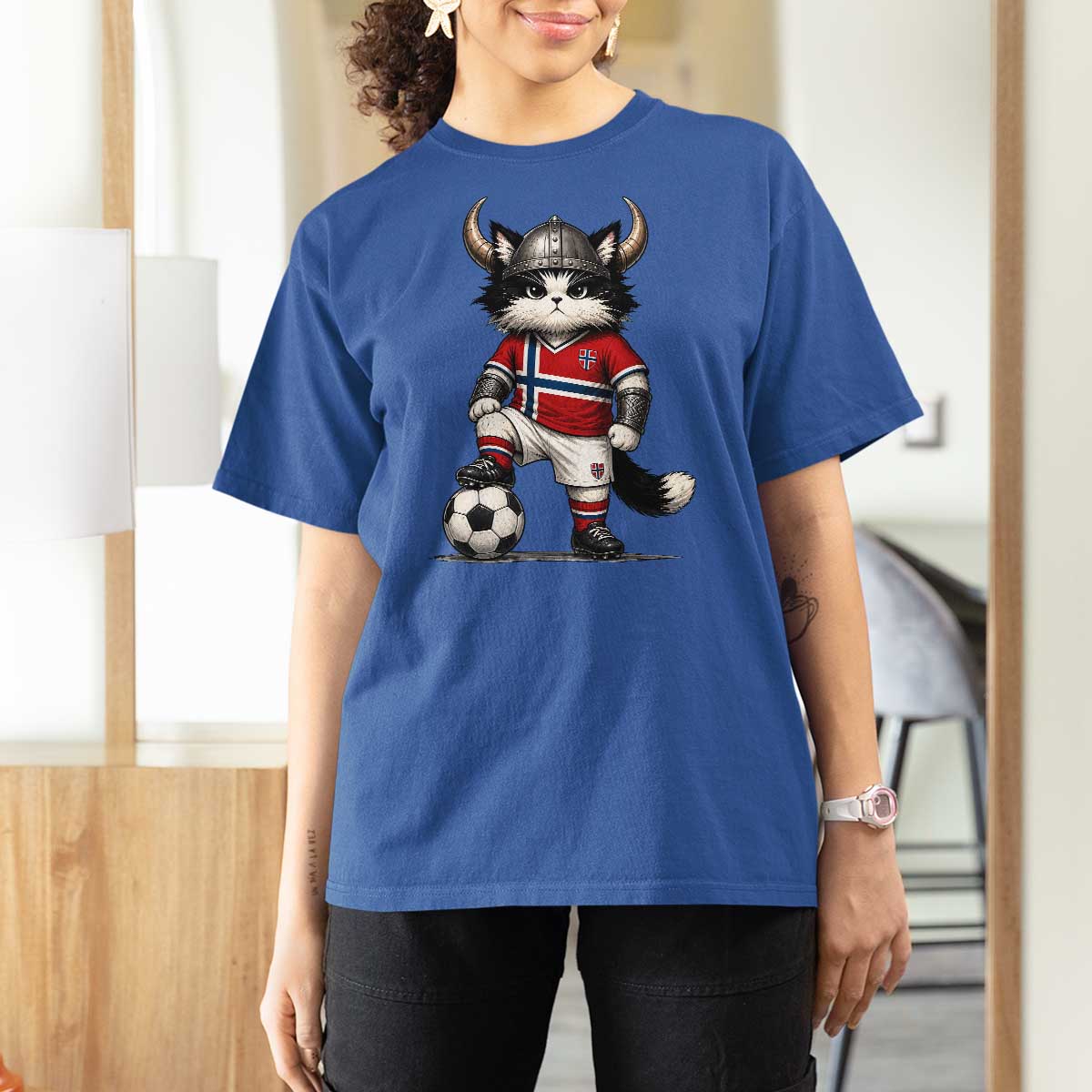 Norway Soccer Fan T Shirt For Women Cute Viking Cat Norwegian Flag Nordic Football Lovers
