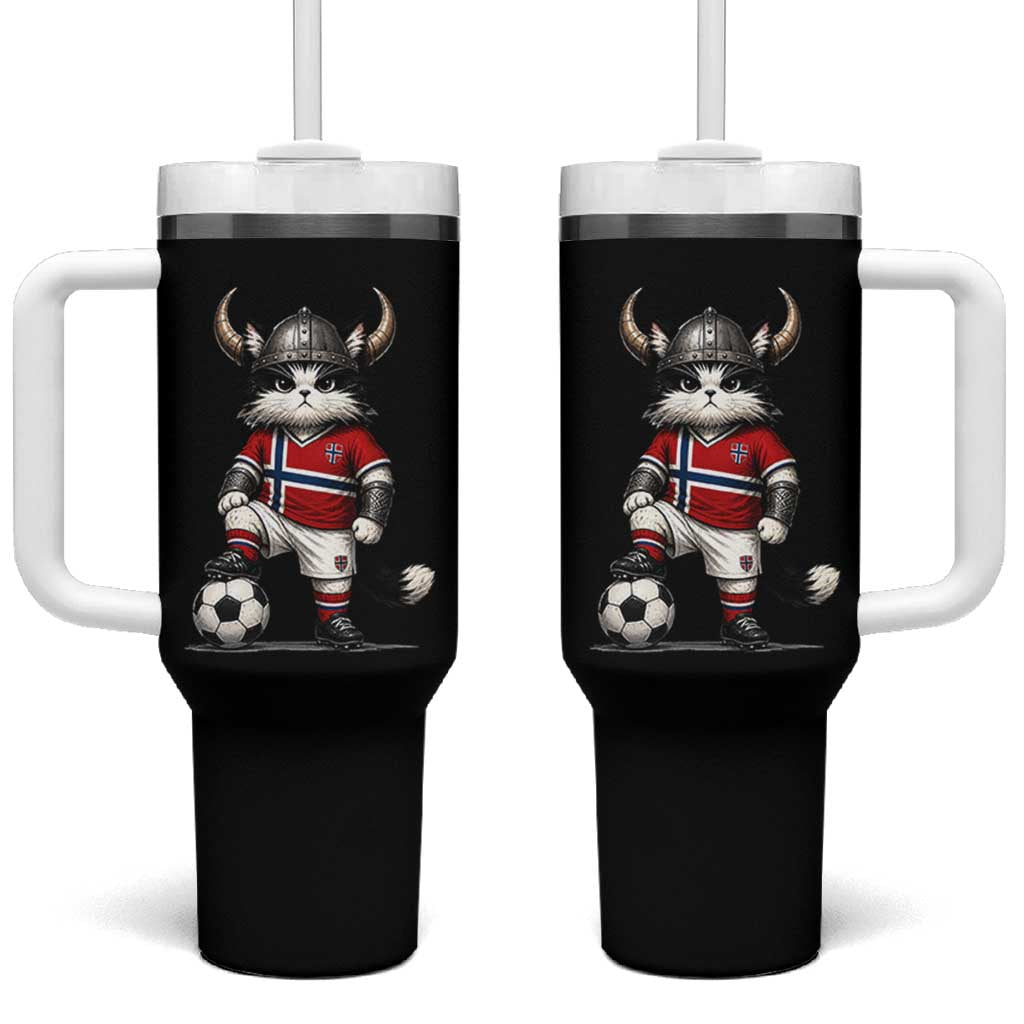 Norway Soccer Fan Tumbler With Handle Cute Viking Cat Norwegian Flag Nordic Football Lovers