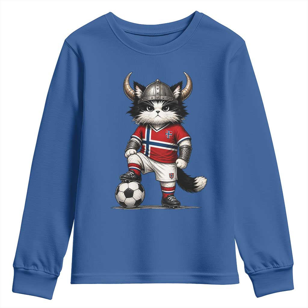 Norway Soccer Fan Youth Sweatshirt Cute Viking Cat Norwegian Flag Nordic Football Lovers