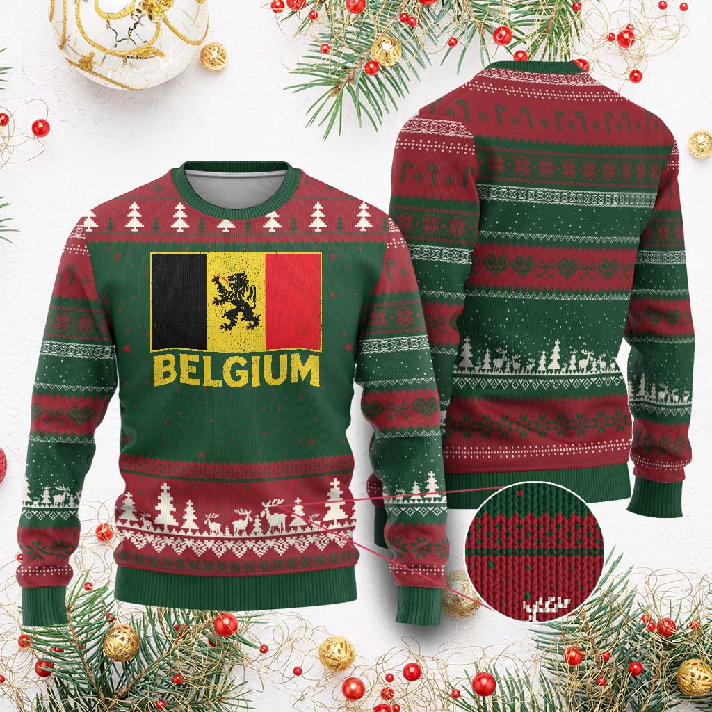 Vintage Belgium Soccer Flag with Lion Graphic Ugly Christmas Sweater Belgian Football Pride Gift for Fans