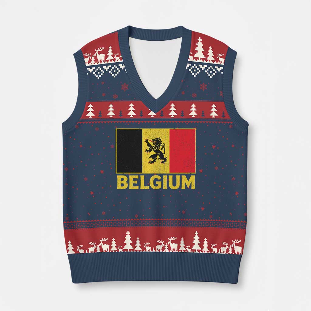 Vintage Belgium Soccer Flag with Lion Graphic V-Neck Knit Sweater Vest Belgian Football Pride Gift for Fans