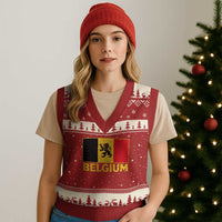 Vintage Belgium Soccer Flag with Lion Graphic V-Neck Knit Sweater Vest Belgian Football Pride Gift for Fans
