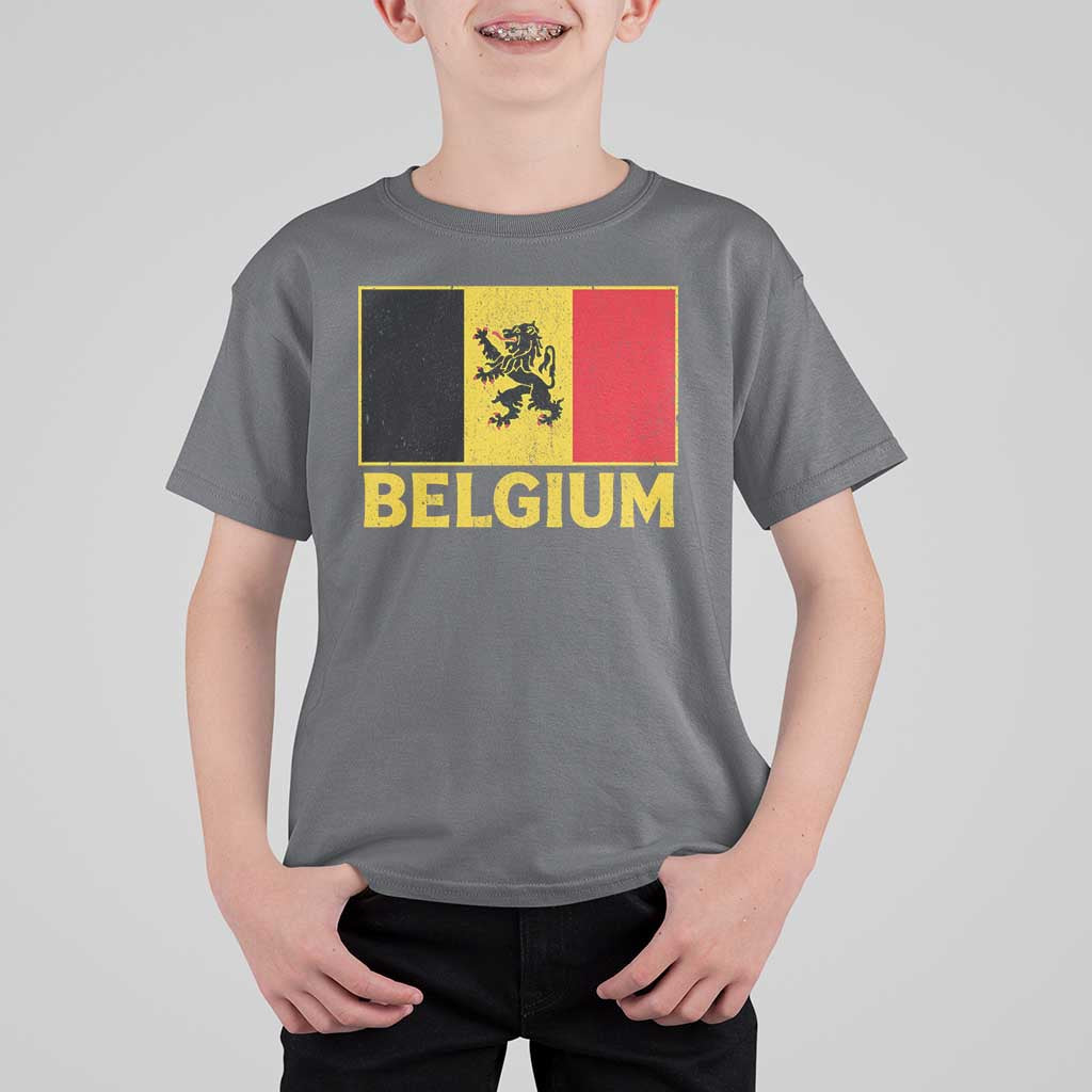 Vintage Belgium Soccer Flag with Lion Graphic T Shirt For Kid Belgian Football Pride Gift for Fans