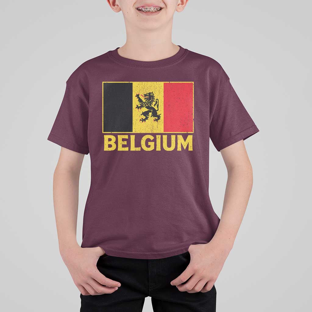 Vintage Belgium Soccer Flag with Lion Graphic T Shirt For Kid Belgian Football Pride Gift for Fans