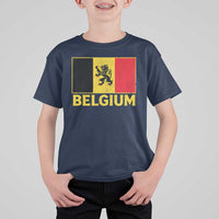 Vintage Belgium Soccer Flag with Lion Graphic T Shirt For Kid Belgian Football Pride Gift for Fans