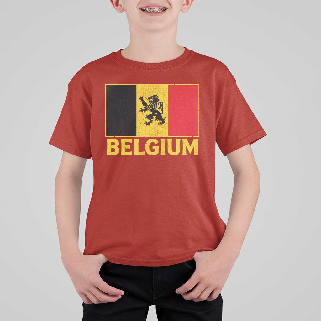 Vintage Belgium Soccer Flag with Lion Graphic T Shirt For Kid Belgian Football Pride Gift for Fans