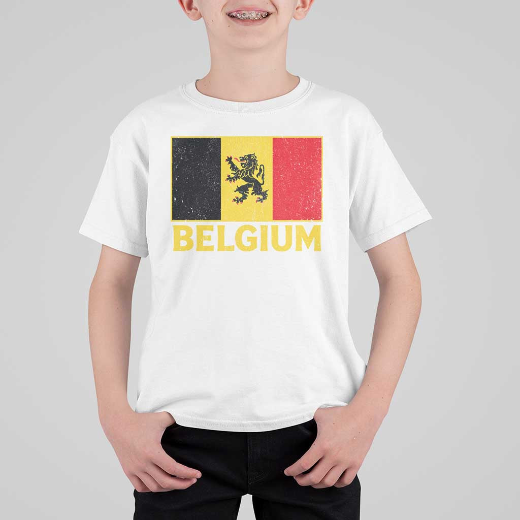 Vintage Belgium Soccer Flag with Lion Graphic T Shirt For Kid Belgian Football Pride Gift for Fans