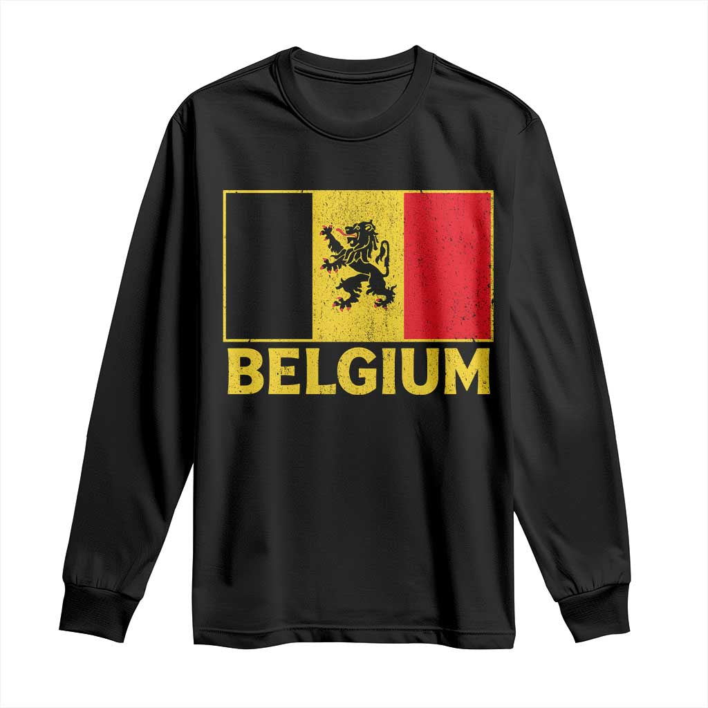 Vintage Belgium Soccer Flag with Lion Graphic Long Sleeve Shirt Belgian Football Pride Gift for Fans