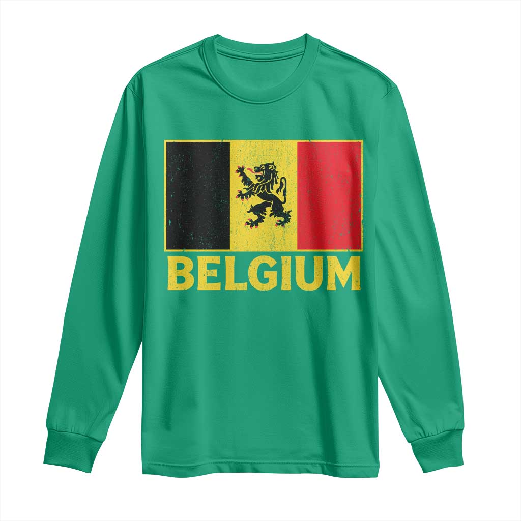 Vintage Belgium Soccer Flag with Lion Graphic Long Sleeve Shirt Belgian Football Pride Gift for Fans