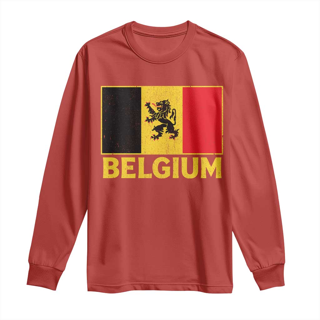 Vintage Belgium Soccer Flag with Lion Graphic Long Sleeve Shirt Belgian Football Pride Gift for Fans