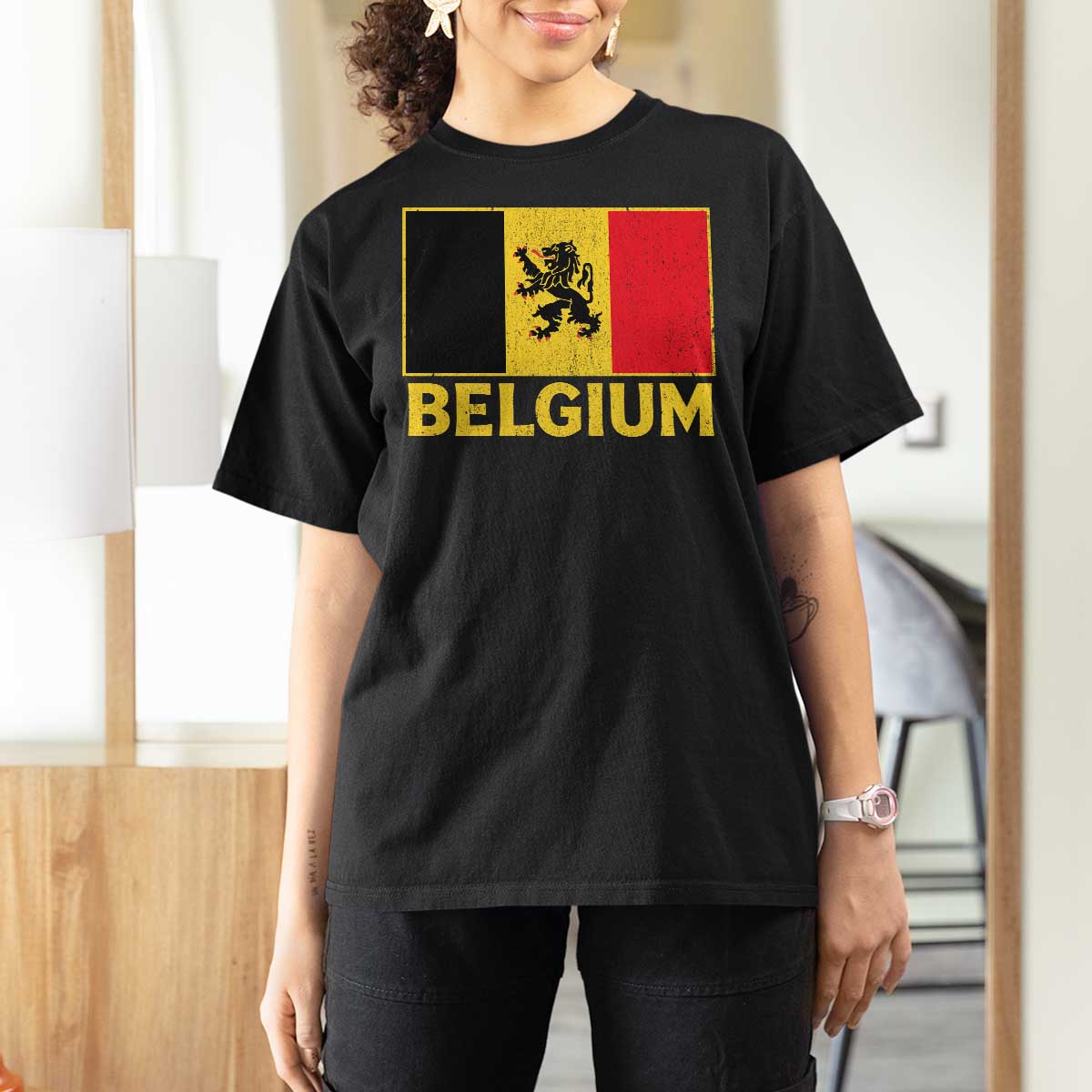 Vintage Belgium Soccer Flag with Lion Graphic T Shirt For Women Belgian Football Pride Gift for Fans