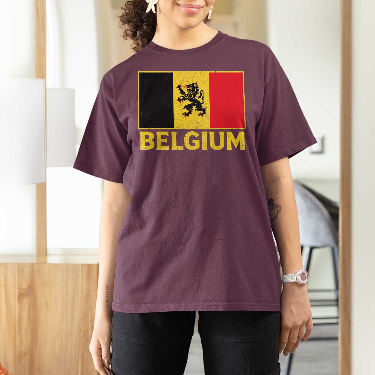 Vintage Belgium Soccer Flag with Lion Graphic T Shirt For Women Belgian Football Pride Gift for Fans
