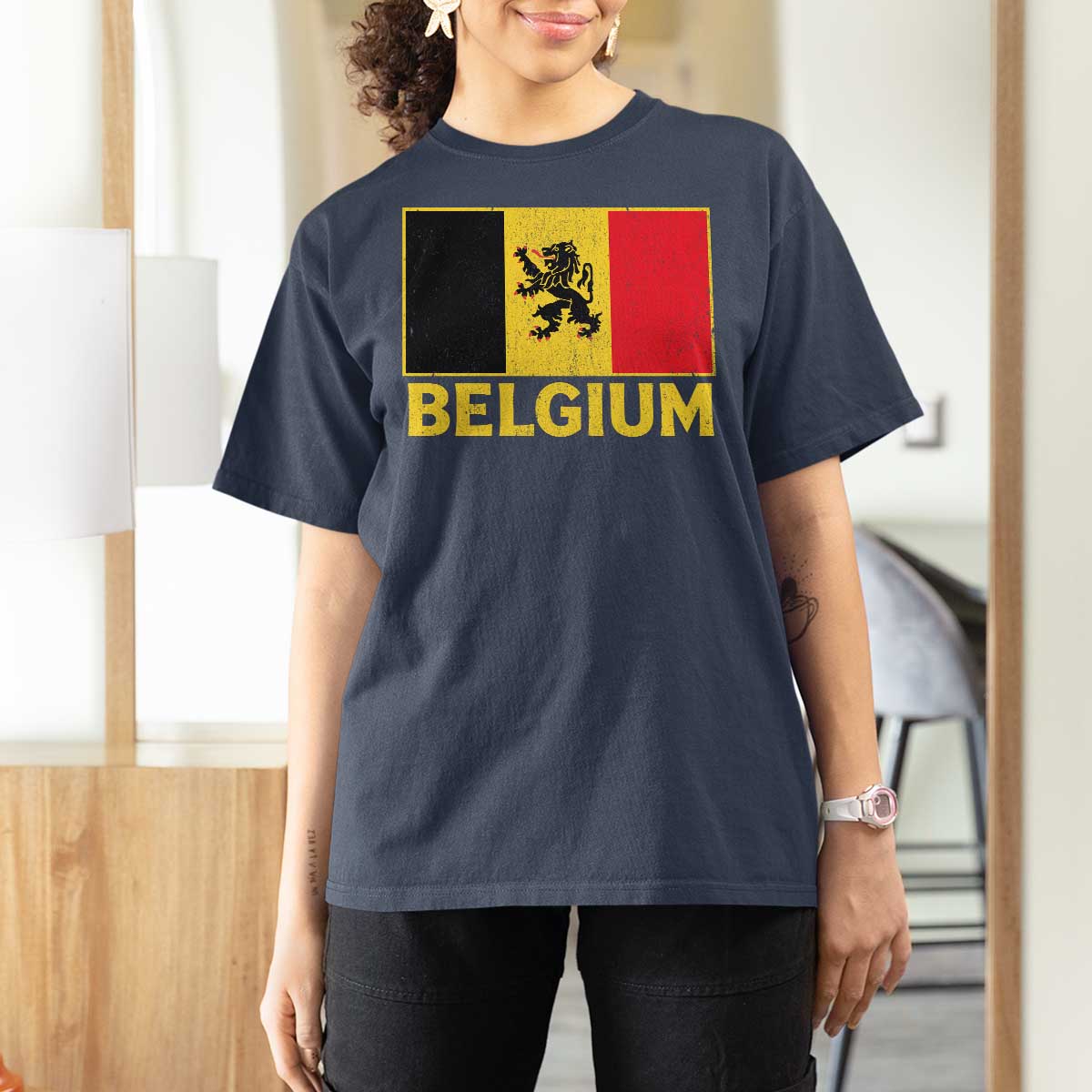 Vintage Belgium Soccer Flag with Lion Graphic T Shirt For Women Belgian Football Pride Gift for Fans