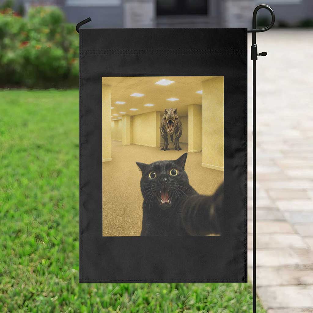 Black Cat Selfie with Dinosaur in The Backrooms Liminal Space Graphic Garden Flag Liminal Space Urban Legend Meme