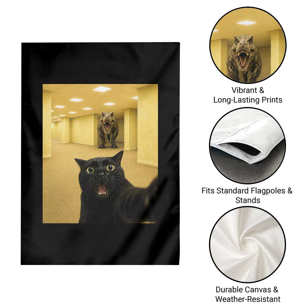 Black Cat Selfie with Dinosaur in The Backrooms Liminal Space Graphic Garden Flag Liminal Space Urban Legend Meme