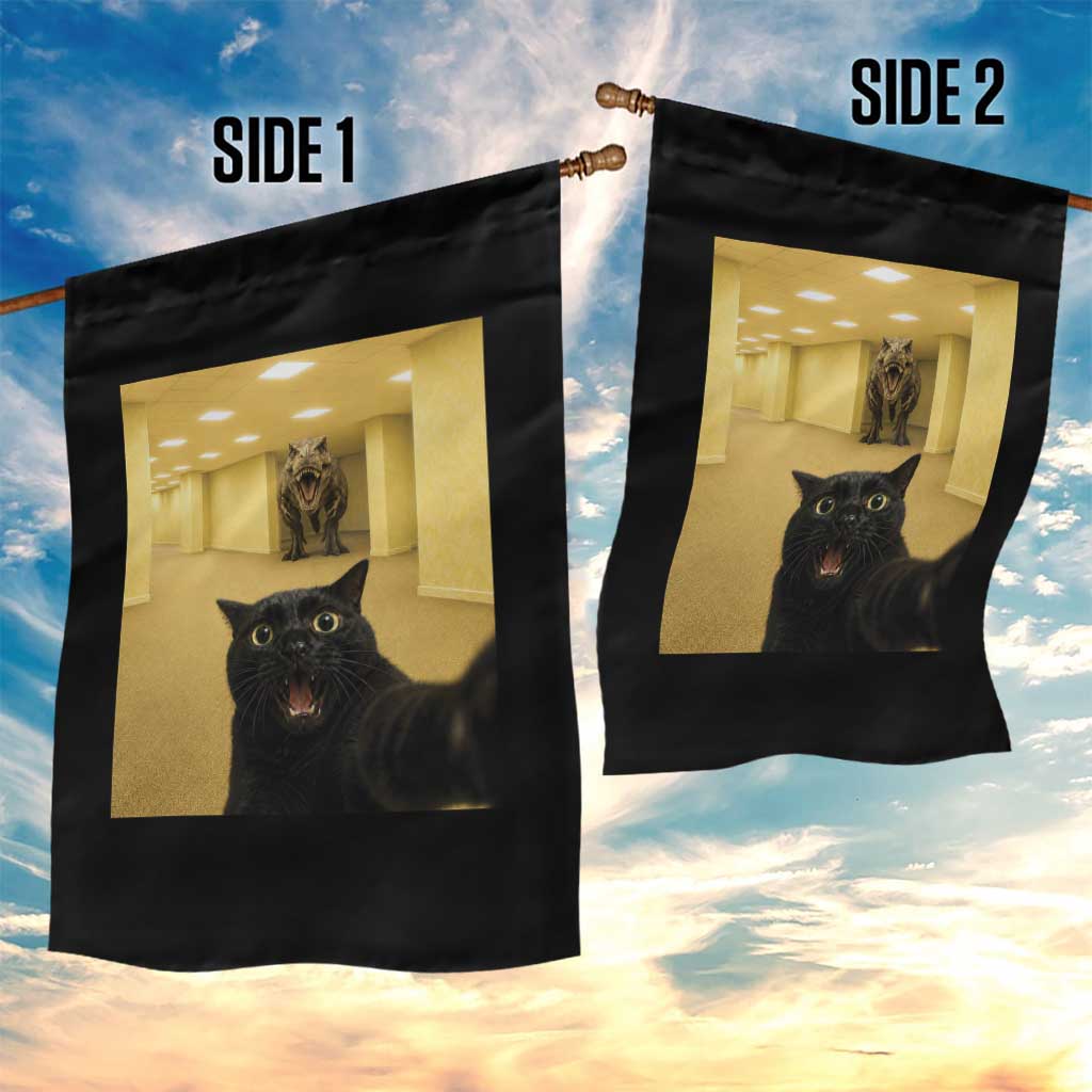 Black Cat Selfie with Dinosaur in The Backrooms Liminal Space Graphic Garden Flag Liminal Space Urban Legend Meme
