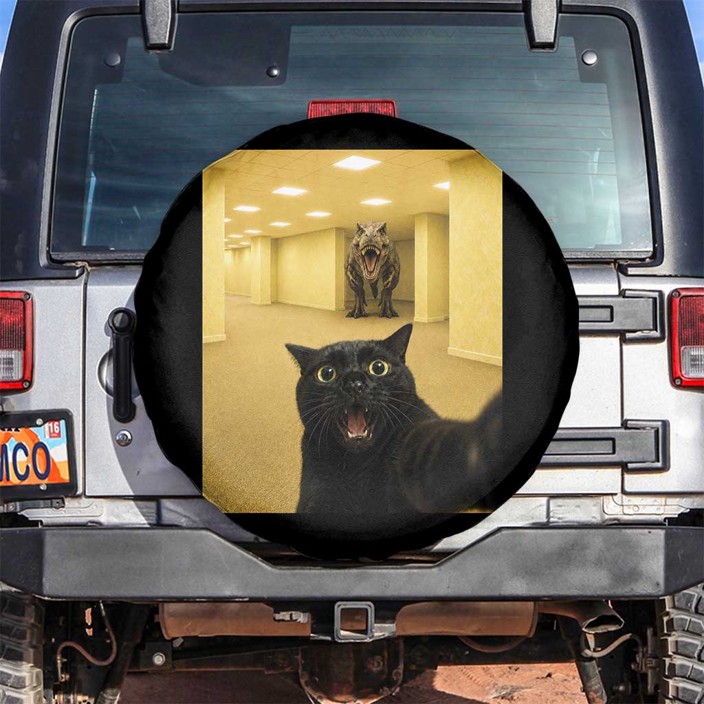 Black Cat Selfie with Dinosaur in The Backrooms Liminal Space Graphic Spare Tire Cover Liminal Space Urban Legend Meme