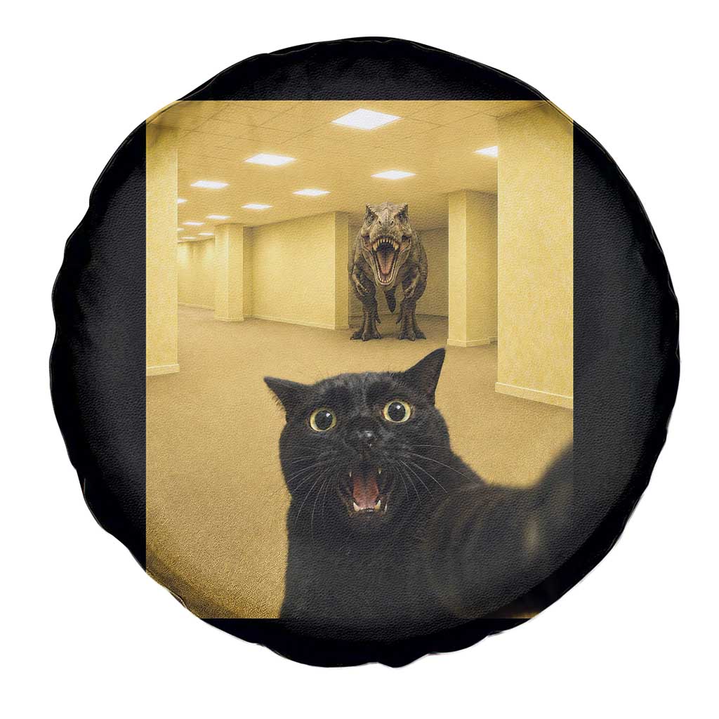 Black Cat Selfie with Dinosaur in The Backrooms Liminal Space Graphic Spare Tire Cover Liminal Space Urban Legend Meme