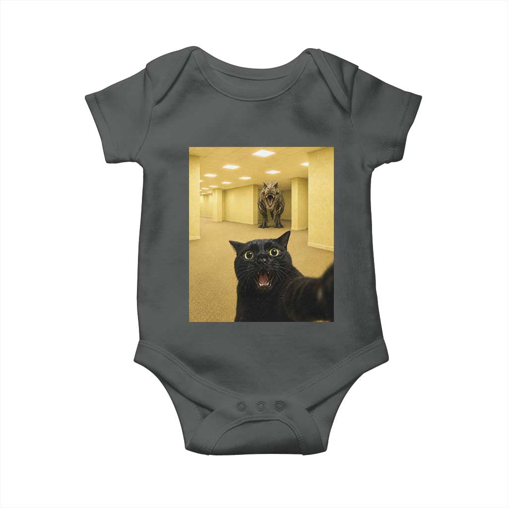 Black Cat Selfie with Dinosaur in The Backrooms Liminal Space Graphic Baby Onesie Liminal Space Urban Legend Meme