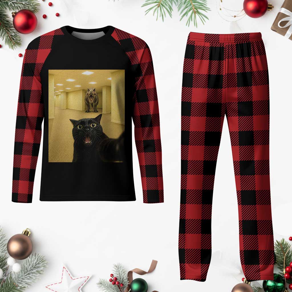 Black Cat Selfie with Dinosaur in The Backrooms Liminal Space Graphic Plaid Pajama Set Liminal Space Urban Legend Meme