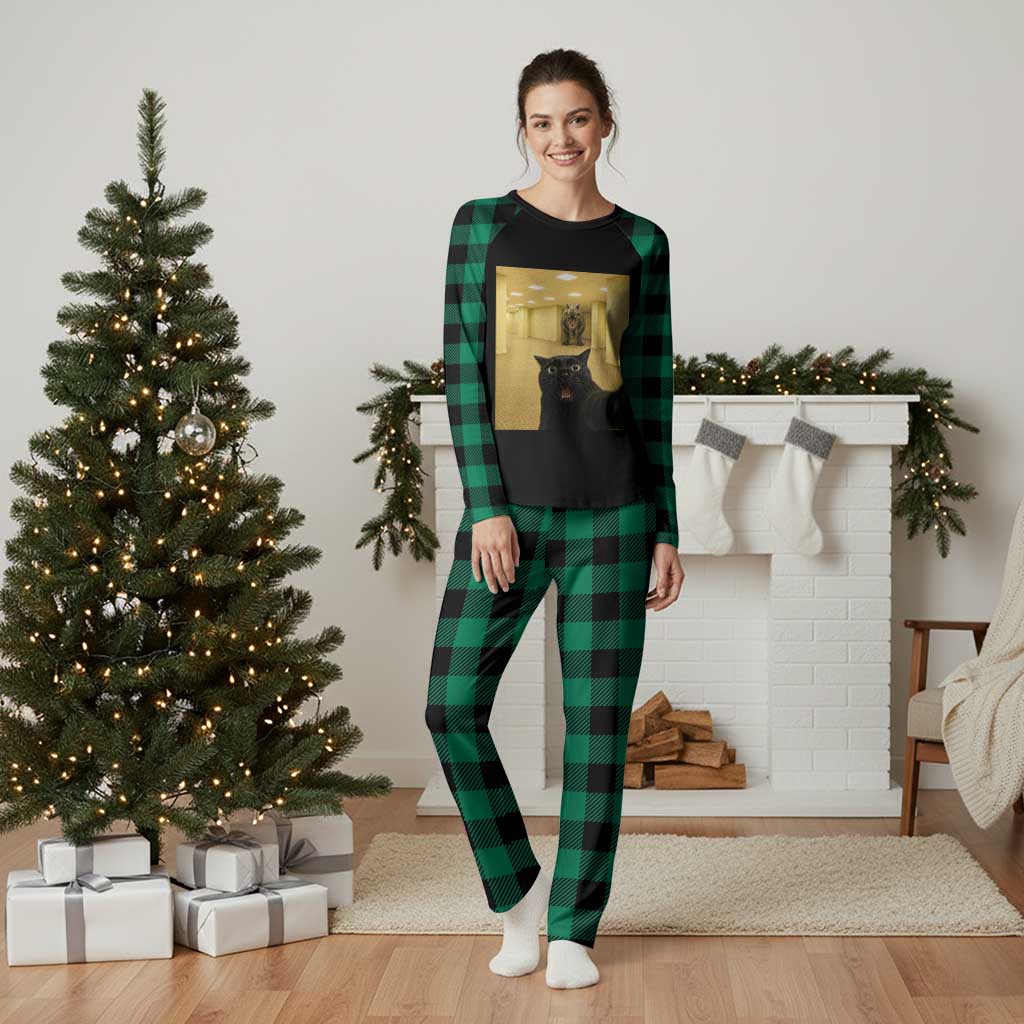 Black Cat Selfie with Dinosaur in The Backrooms Liminal Space Graphic Plaid Pajama Set Liminal Space Urban Legend Meme