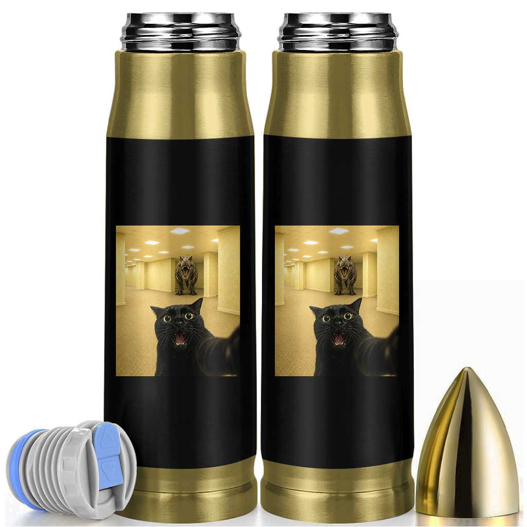 Black Cat Selfie with Dinosaur in The Backrooms Liminal Space Graphic Bullet Tumbler Liminal Space Urban Legend Meme