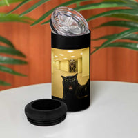 Black Cat Selfie with Dinosaur in The Backrooms Liminal Space Graphic 4 in 1 Can Cooler Tumbler Liminal Space Urban Legend Meme