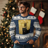 Black Cat Selfie with Dinosaur in The Backrooms Liminal Space Graphic Ugly Christmas Sweater Liminal Space Urban Legend Meme