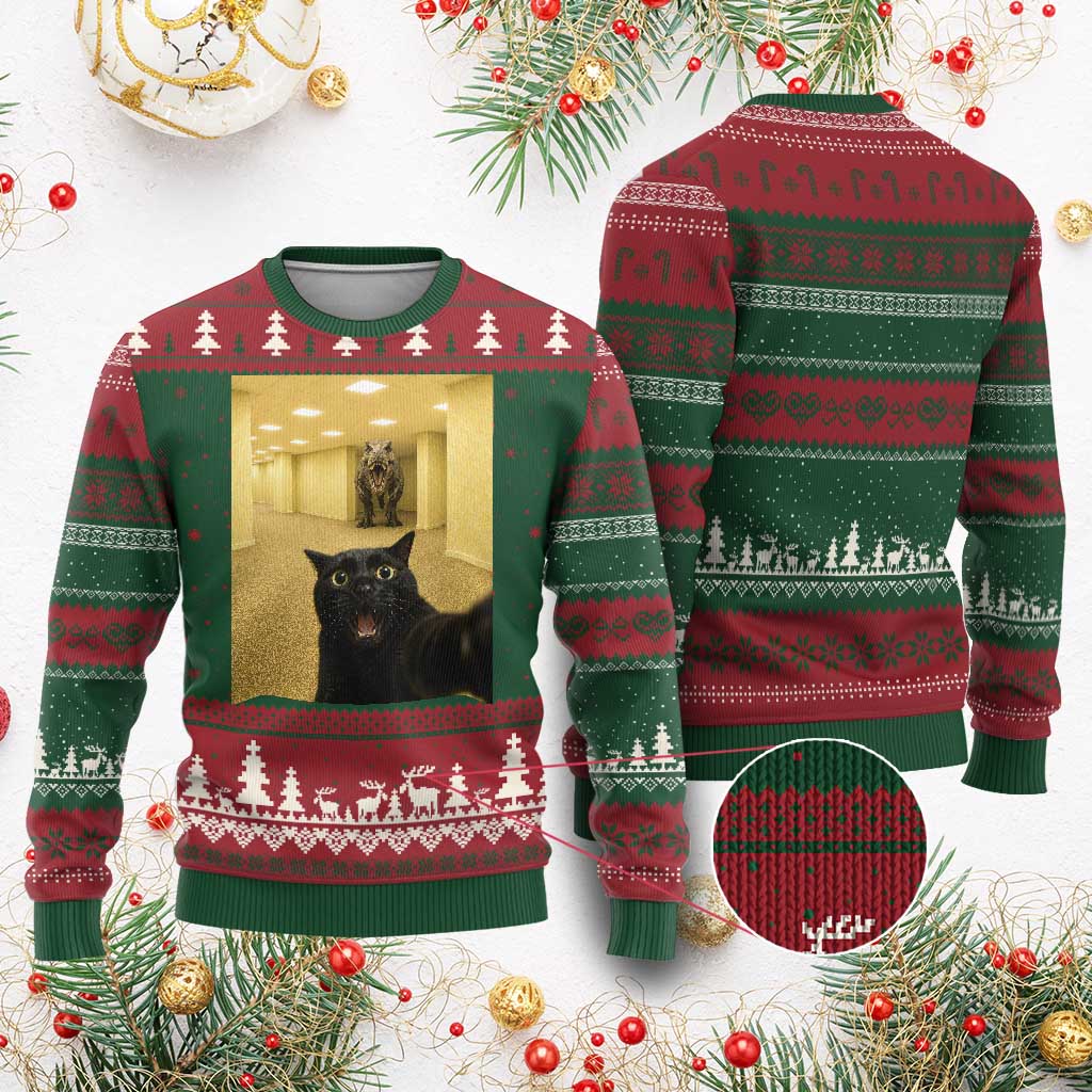 Black Cat Selfie with Dinosaur in The Backrooms Liminal Space Graphic Ugly Christmas Sweater Liminal Space Urban Legend Meme