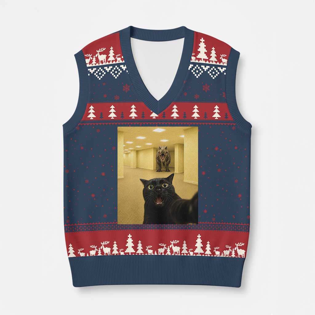 Black Cat Selfie with Dinosaur in The Backrooms Liminal Space Graphic V-Neck Knit Sweater Vest Liminal Space Urban Legend Meme