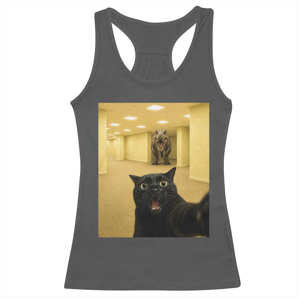 Black Cat Selfie with Dinosaur in The Backrooms Liminal Space Graphic Racerback Tank Top Liminal Space Urban Legend Meme