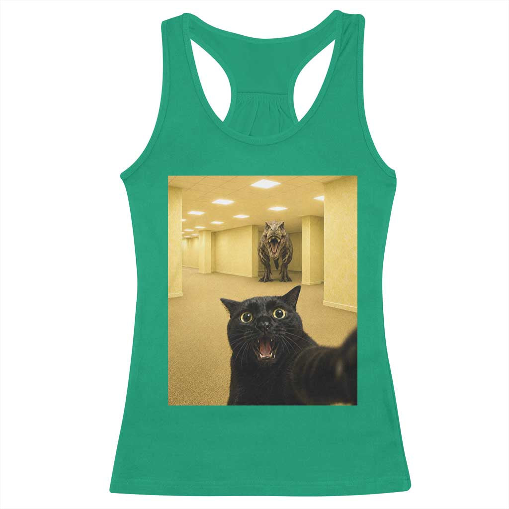 Black Cat Selfie with Dinosaur in The Backrooms Liminal Space Graphic Racerback Tank Top Liminal Space Urban Legend Meme
