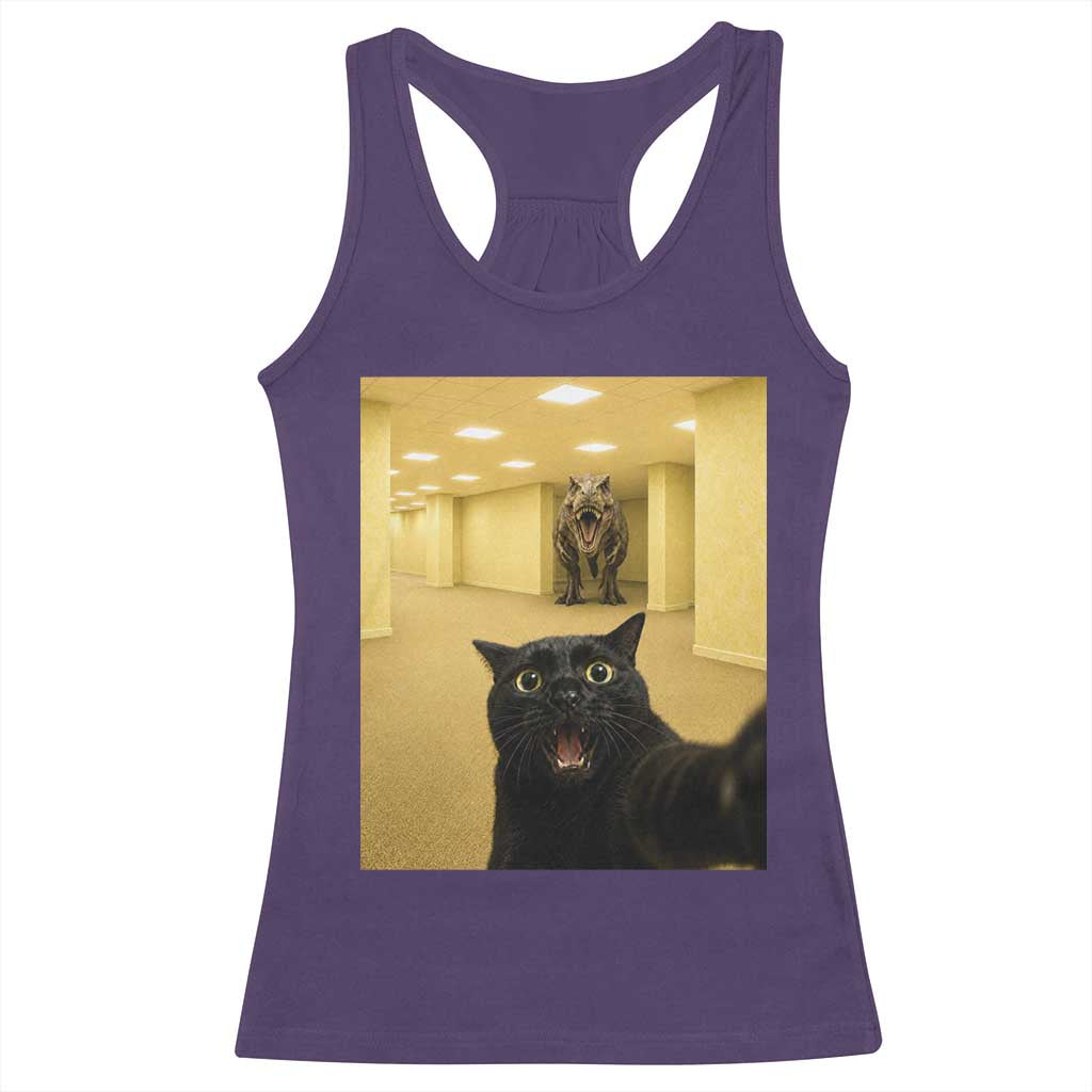 Black Cat Selfie with Dinosaur in The Backrooms Liminal Space Graphic Racerback Tank Top Liminal Space Urban Legend Meme