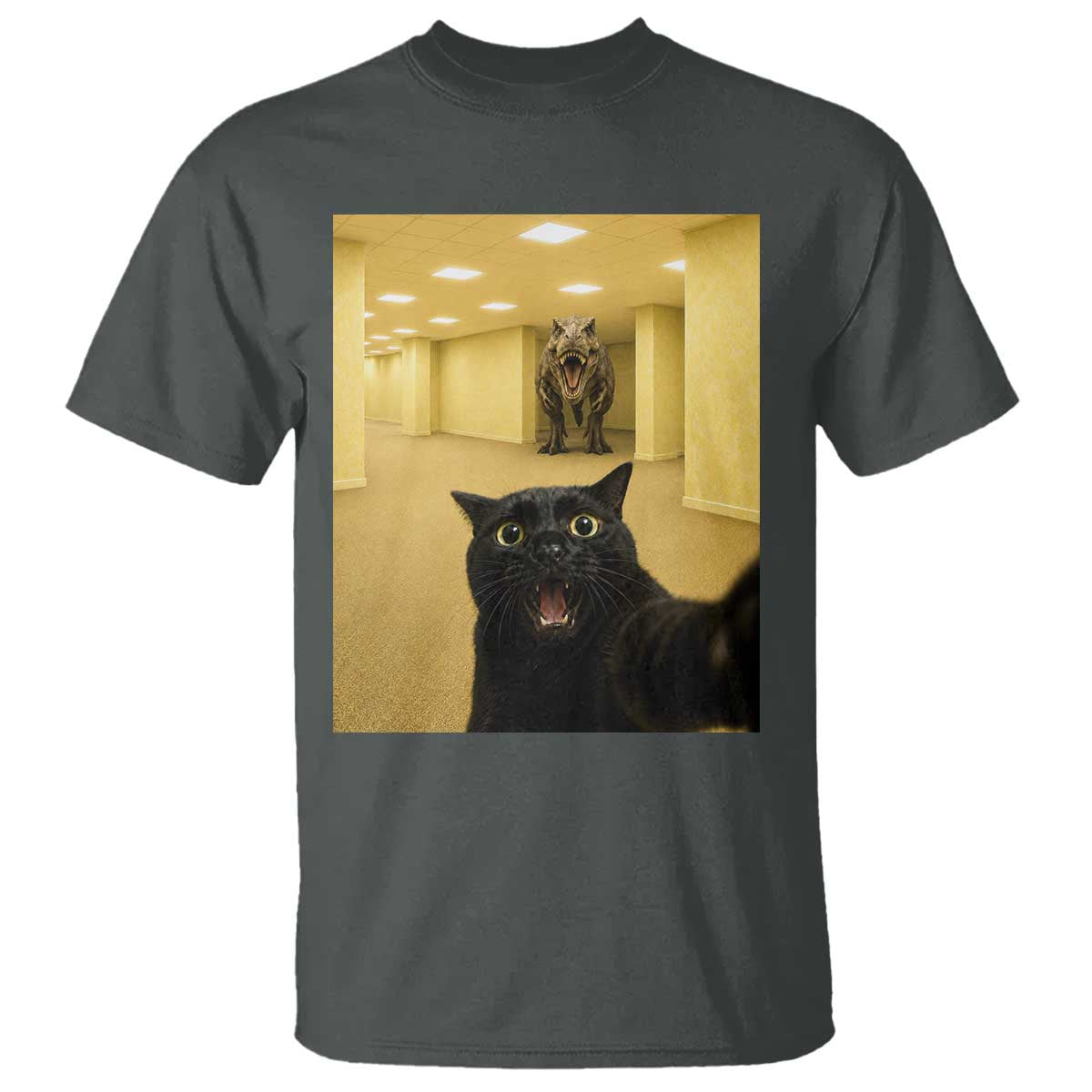 Black Cat Selfie with Dinosaur in The Backrooms Liminal Space Graphic T Shirt Liminal Space Urban Legend Meme